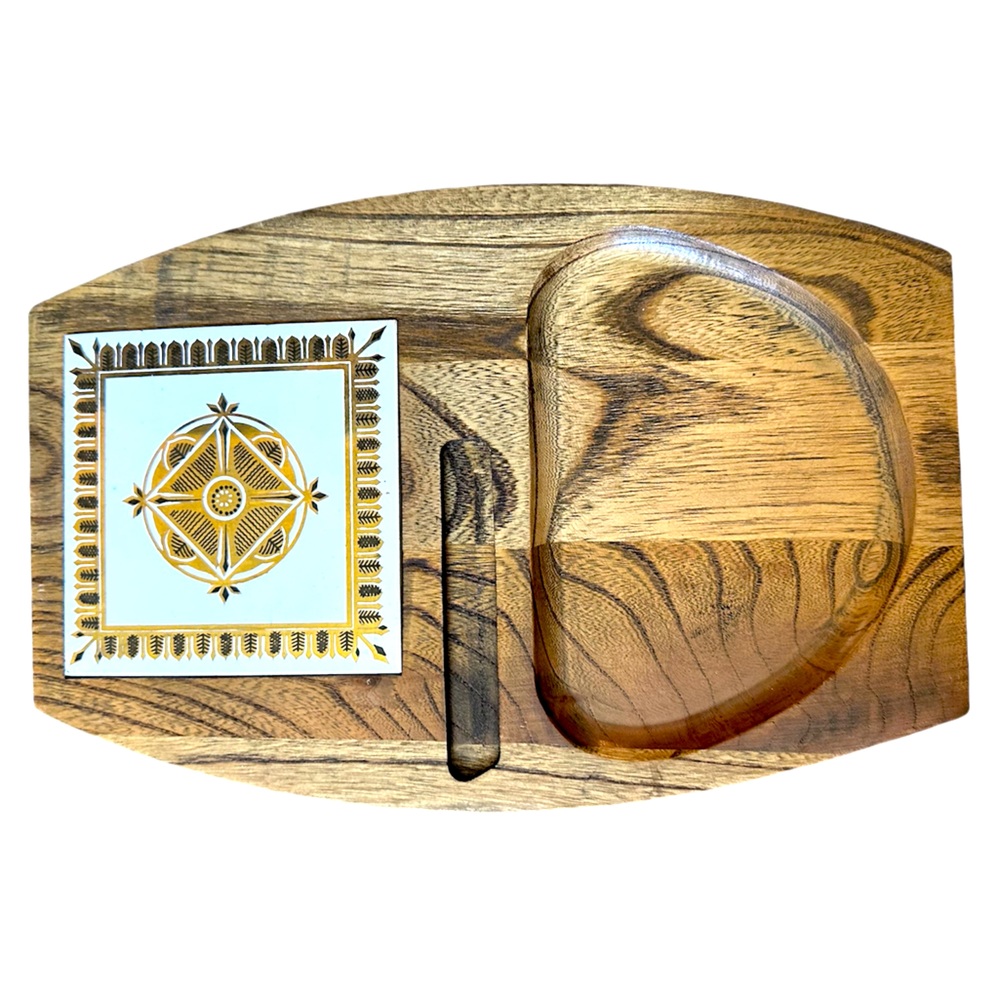 Vintage Mid Century Wood Cheese Board w/ Ceramic and Gold Tile